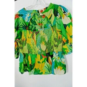 Farm Rio Women Sz S Tropical Toucan Floral Smocked Puff Sleeve Peplum Blouse NWT